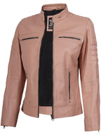 Austin Womens Pink Cafe Racer Style Leather Jacket