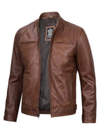 Dodge Men's Cognac Cafe Racer Leather Jacket