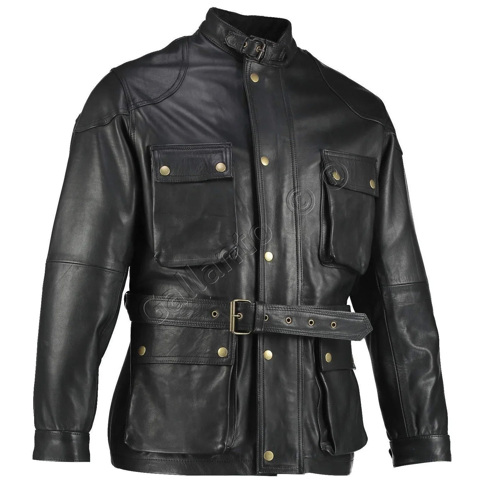 Black Benjamin Button Long Biker Leather Jacket Motorcycle