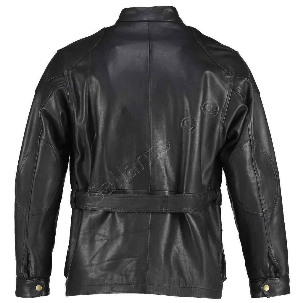 Black Benjamin Button Long Biker Leather Jacket Motorcycle
