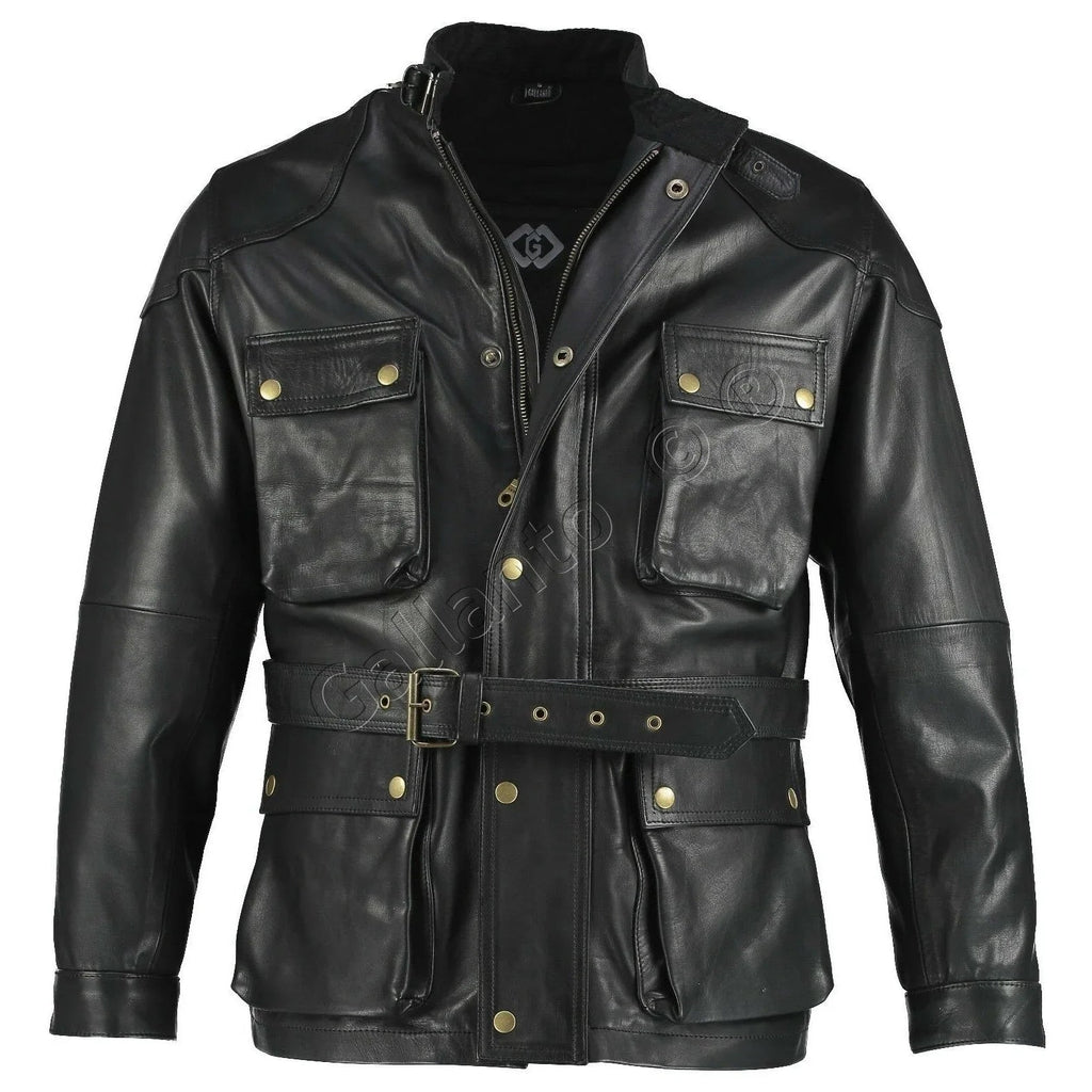 Black Benjamin Button Long Biker Leather Jacket Motorcycle