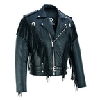 Black Biker Fringe Leather Jacket - Tassle Concho Premium Motorcycle