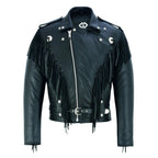 Black Biker Fringe Leather Jacket - Tassle Concho Premium Motorcycle