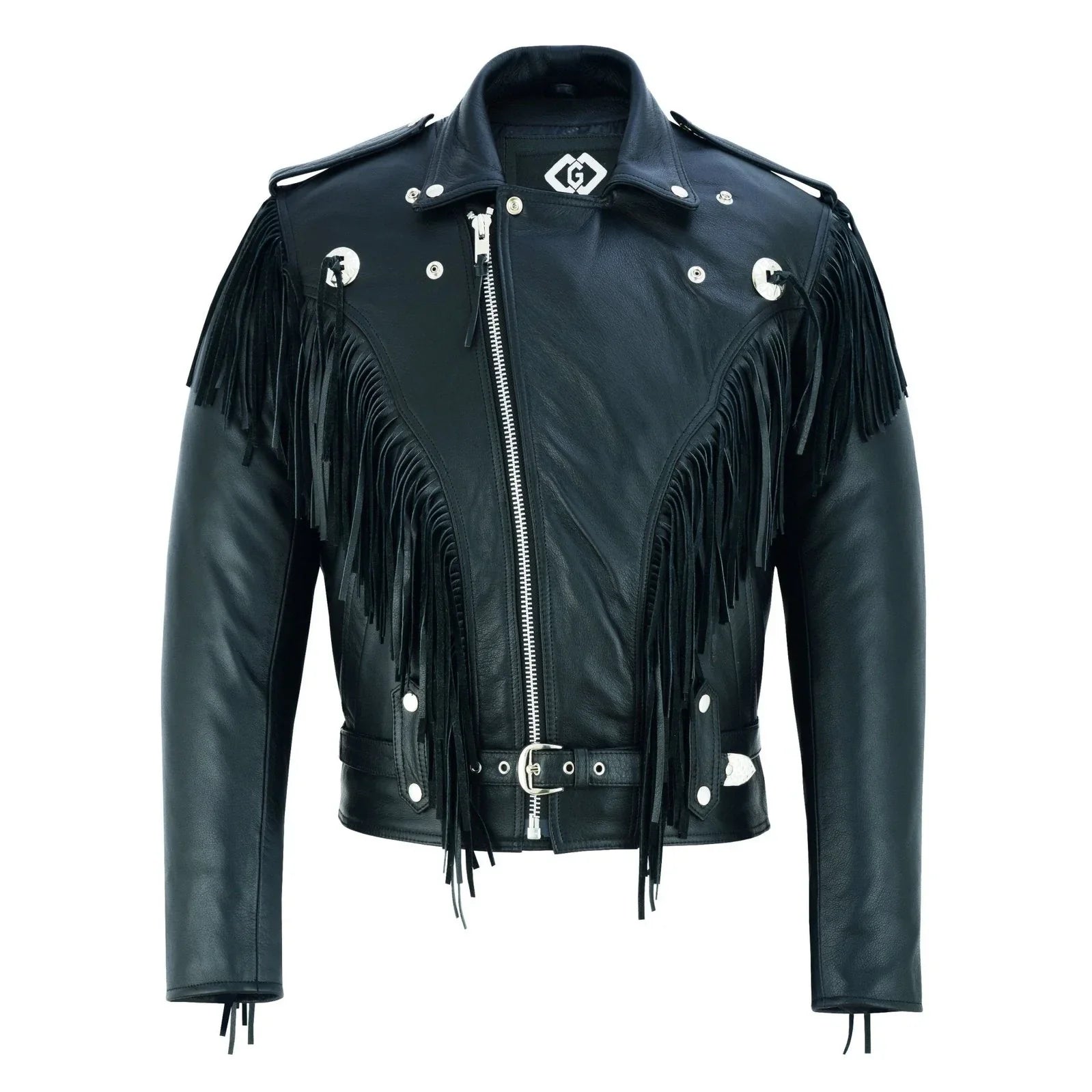 Black Biker Fringe Leather Jacket - Tassle Concho Premium Motorcycle