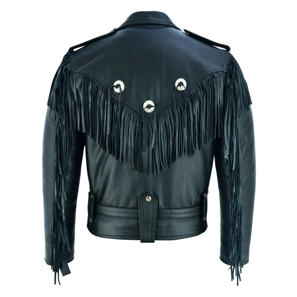 Black Biker Fringe Leather Jacket - Tassle Concho Premium Motorcycle