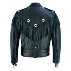 Black Biker Fringe Leather Jacket - Tassle Concho Premium Motorcycle