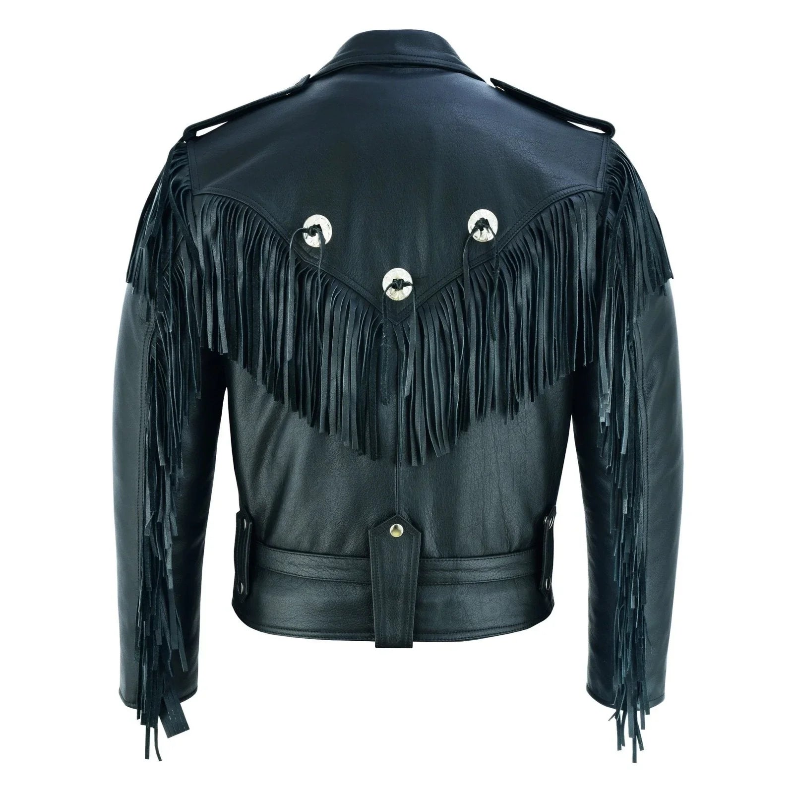 Black Biker Fringe Leather Jacket - Tassle Concho Premium Motorcycle