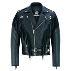 Black Biker Fringe Leather Jacket - Tassle Concho Premium Motorcycle