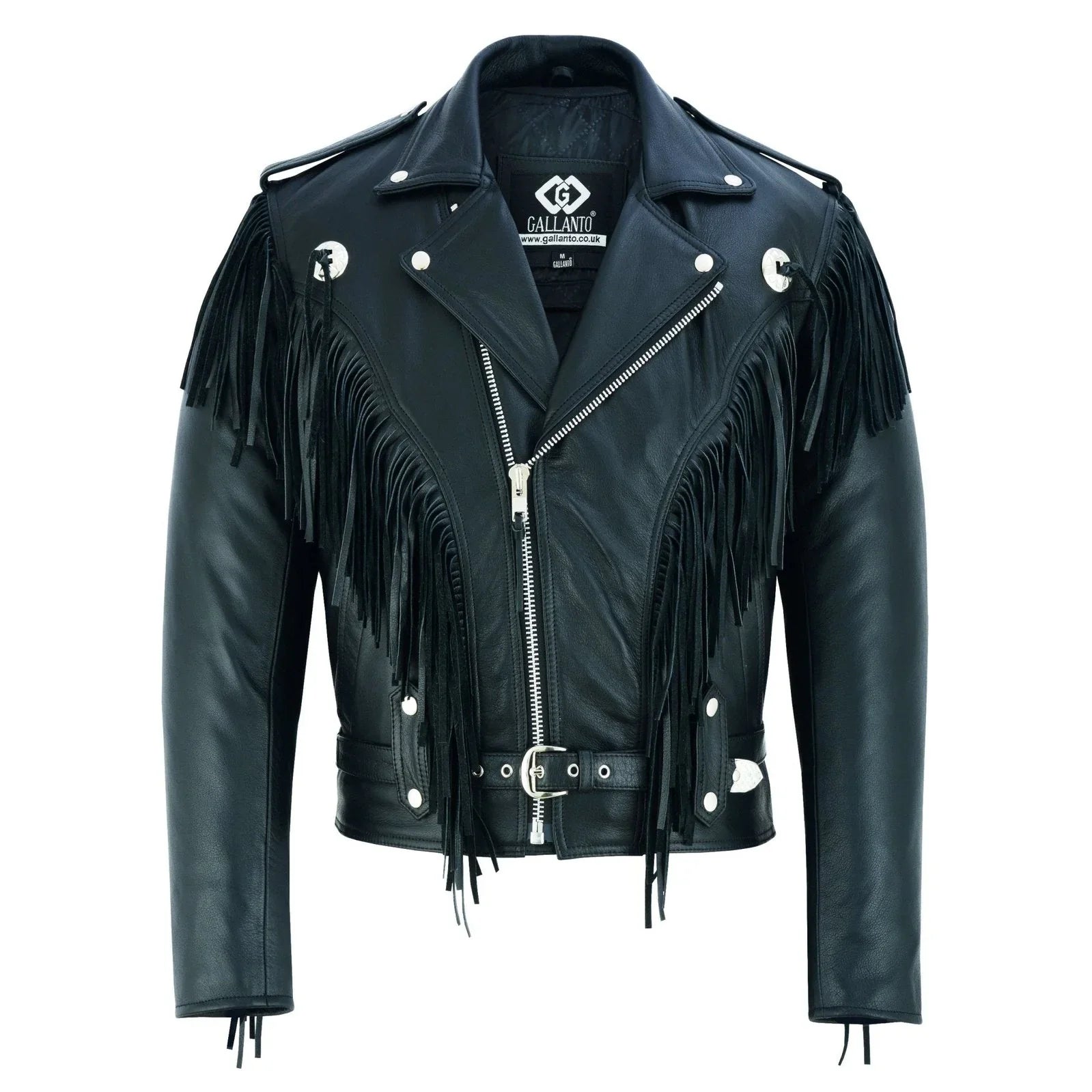 Black Biker Fringe Leather Jacket - Tassle Concho Premium Motorcycle