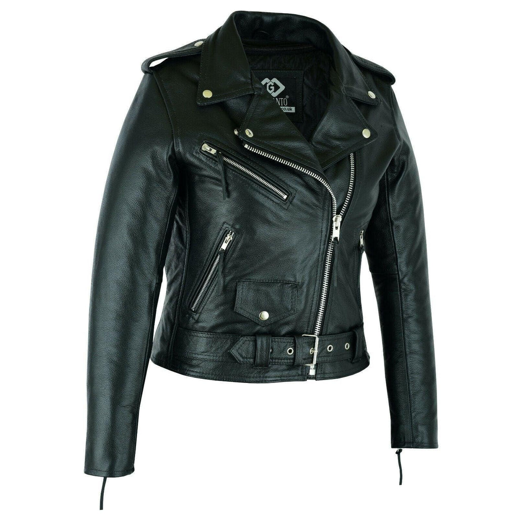 Black Classic Womens Brando Motorcycle Leather Jacket Ladies Biker Cowhide