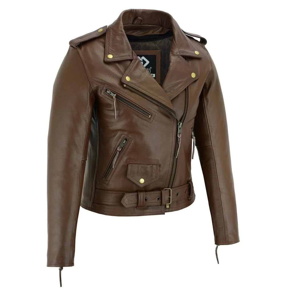 Black Classic Womens Brando Motorcycle Leather Jacket Ladies Biker Cowhide