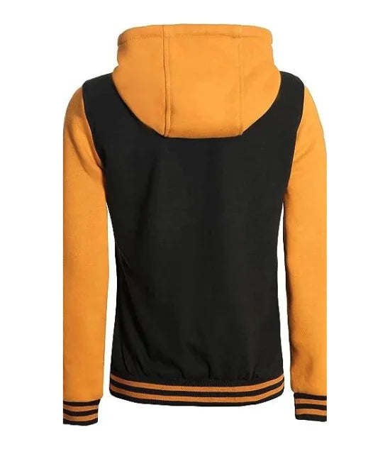 Women's Black and Yellow Varsity Letterman Jacket with Hood