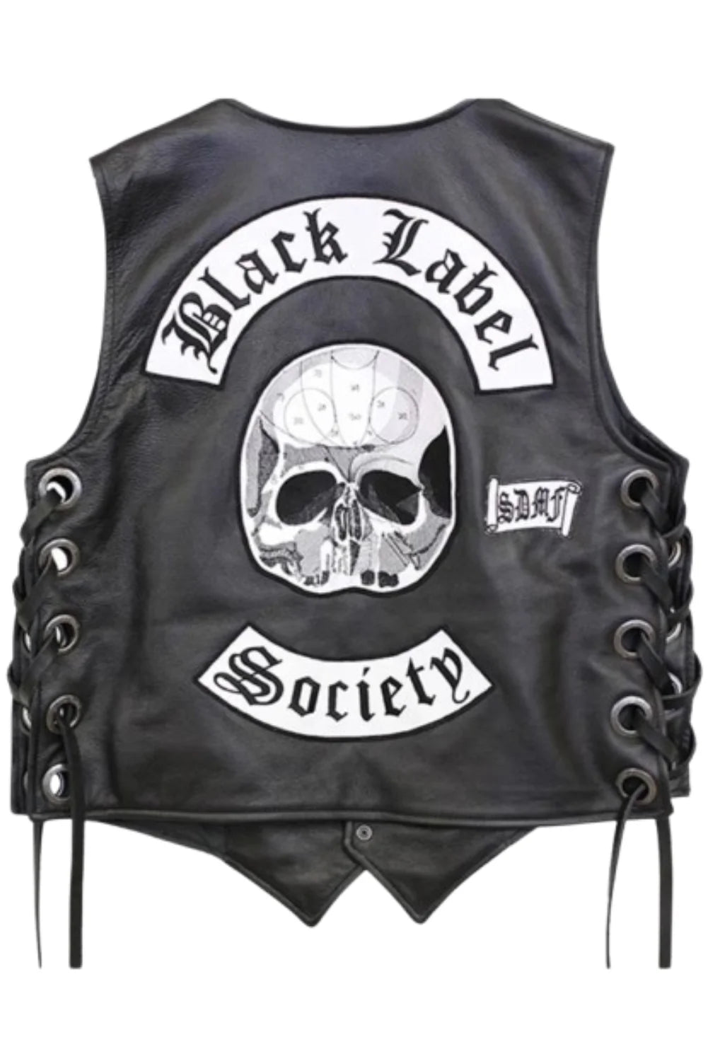 Men's Black Label Society Biker Leather Vest With Iconic Skull Logo & BLS Patches