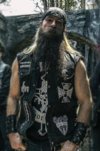 Men's Black Label Society Biker Leather Vest With Iconic Skull Logo & BLS Patches
