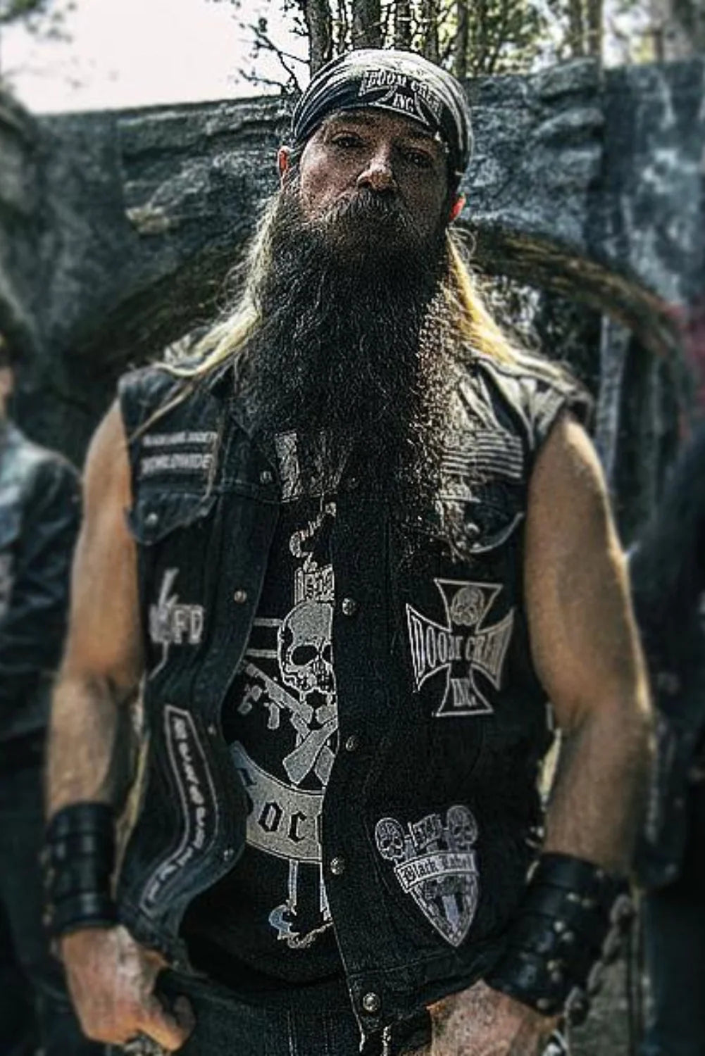 Men's Black Label Society Biker Leather Vest With Iconic Skull Logo & BLS Patches