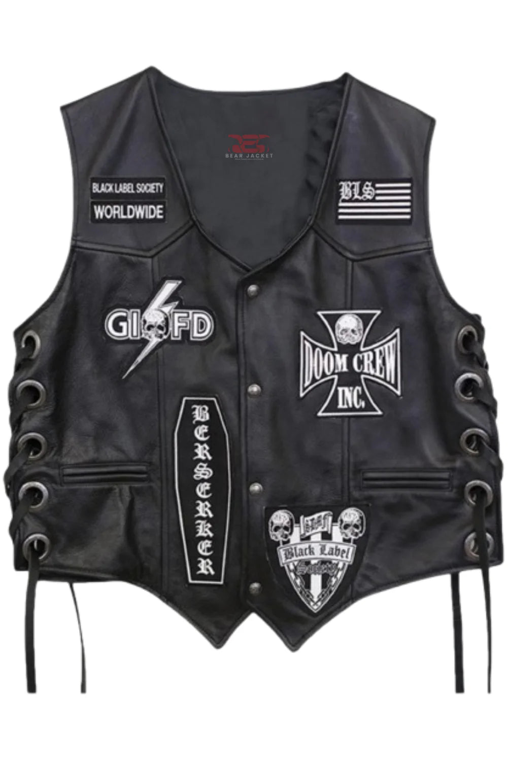Men's Black Label Society Biker Leather Vest With Iconic Skull Logo & BLS Patches