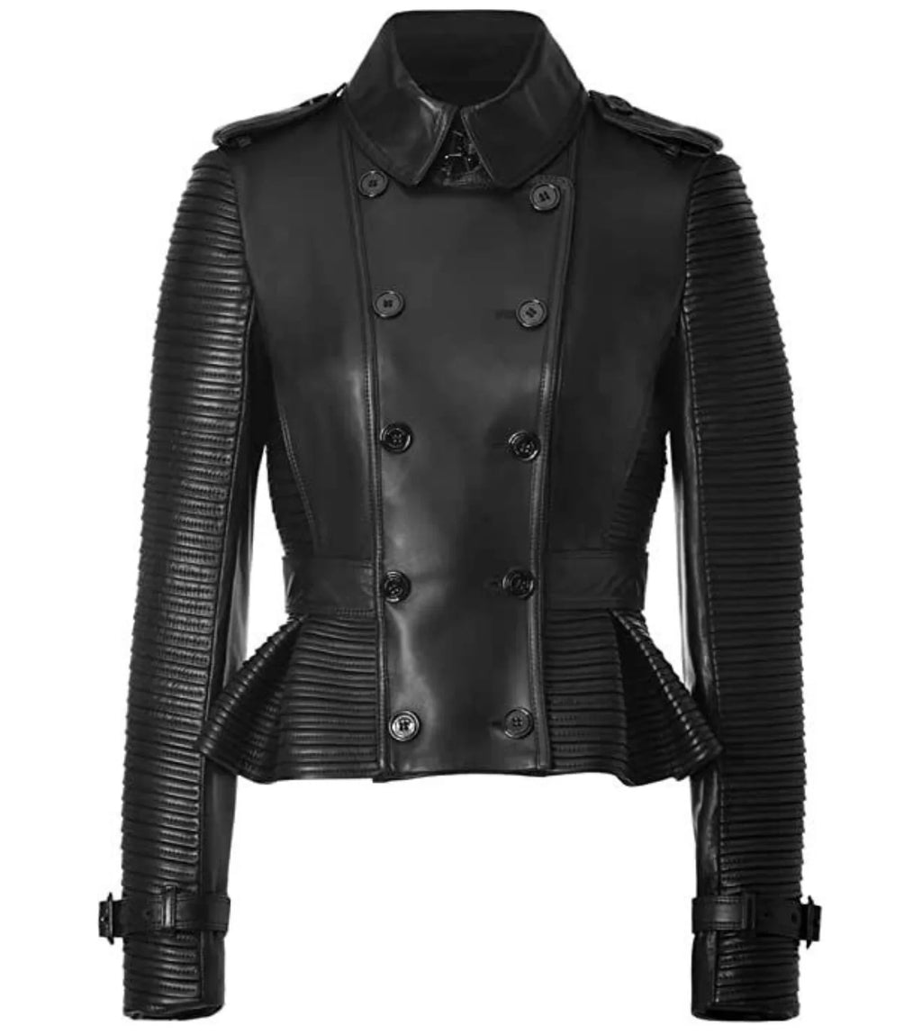 Womens Double Breasted Quilted Black Leather Coat
