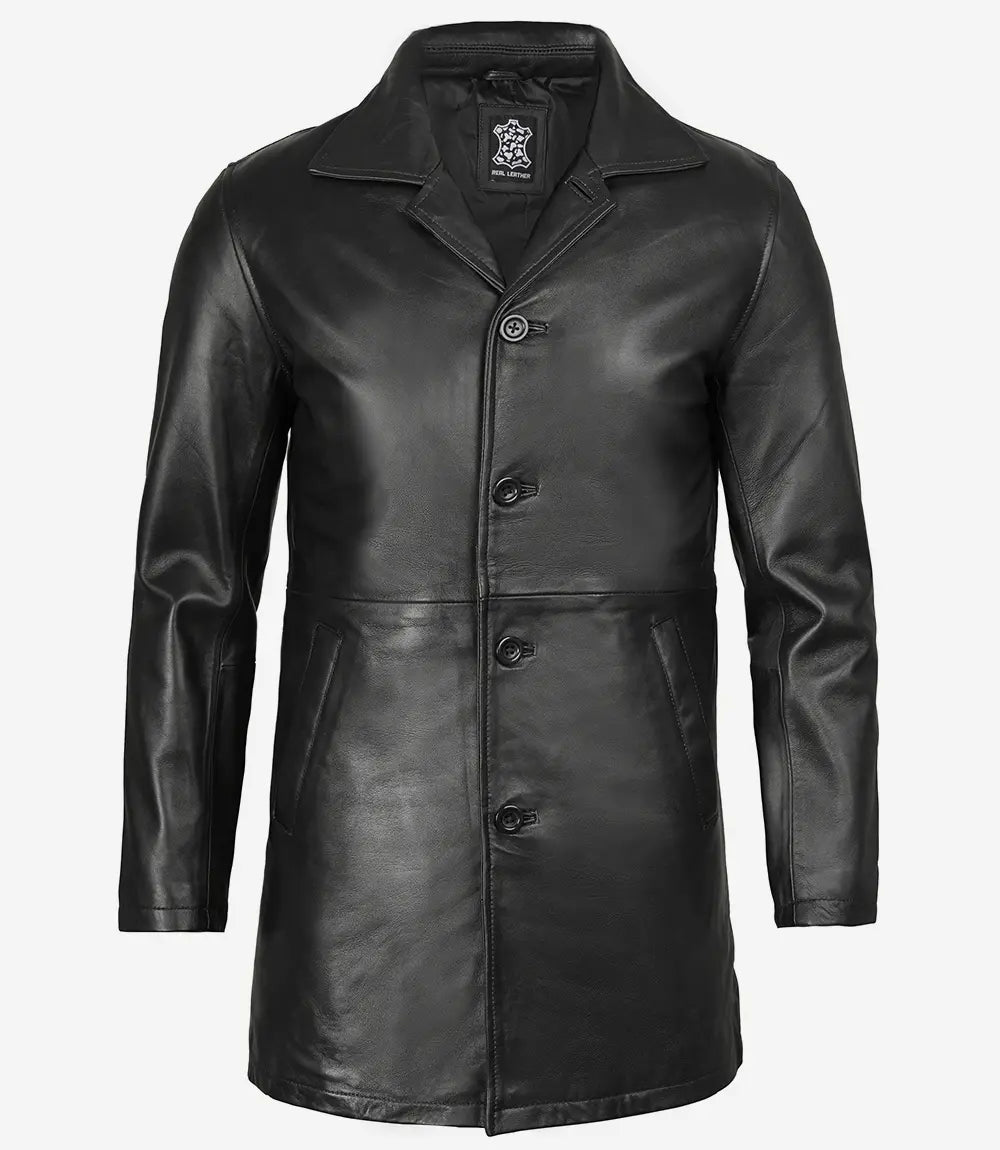 Tall Mens Black 3/4 Length Leather Car Coat