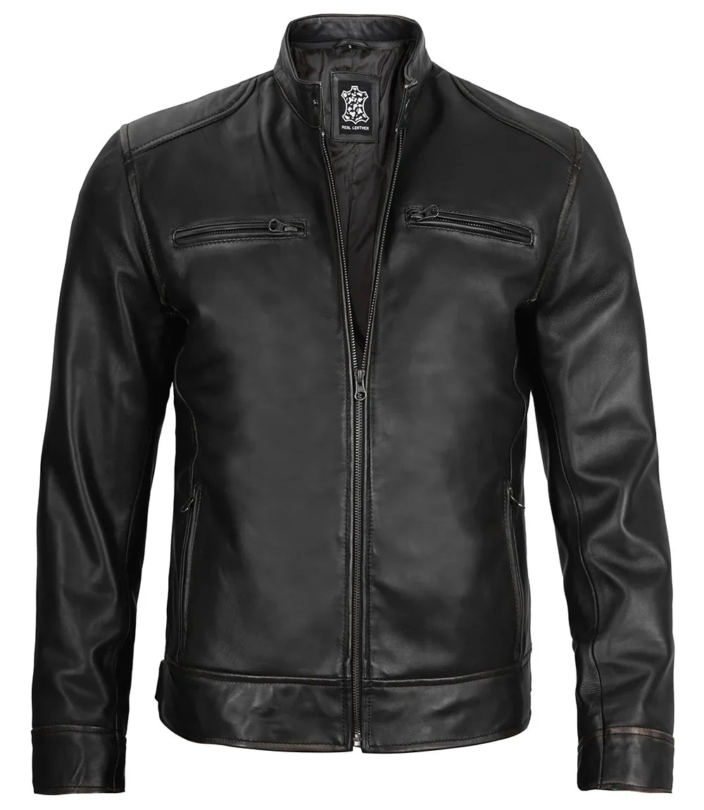 Dodge Tall Men's Black Cafe Racer Style Leather Jacket