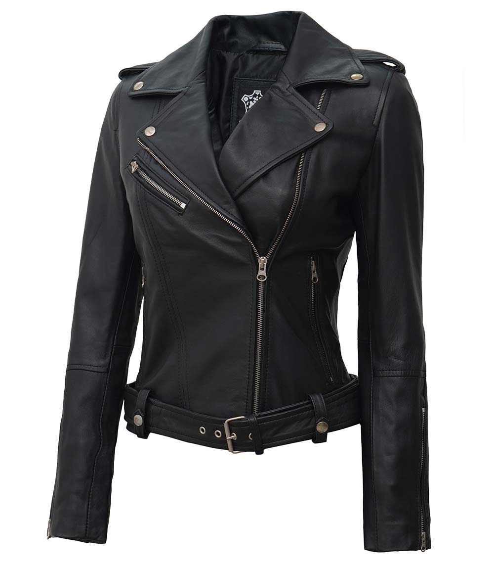 Womens Black Asymmetrical Biker Style Leather Jacket