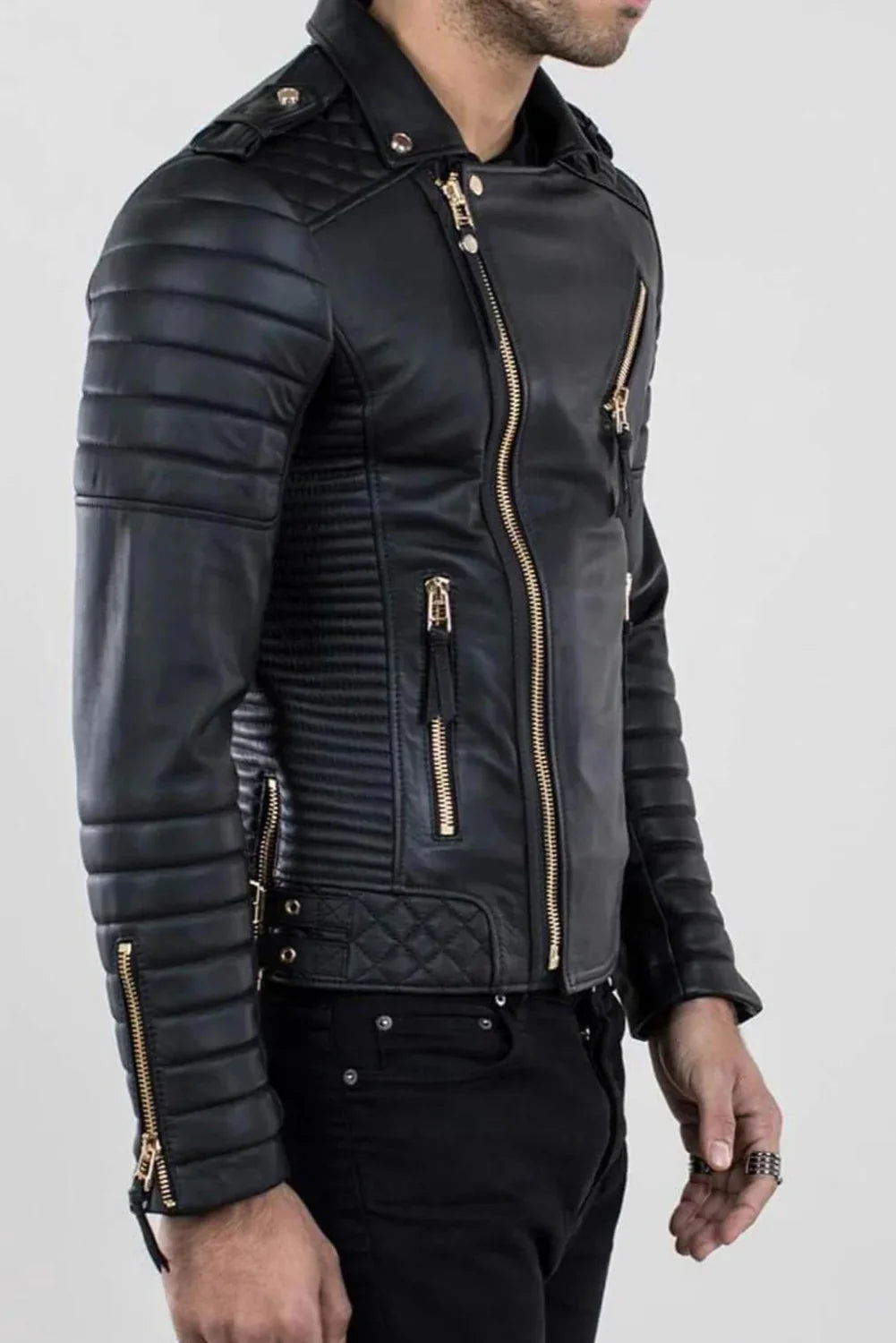 Ezra Black Quilted Leather Biker Jacket