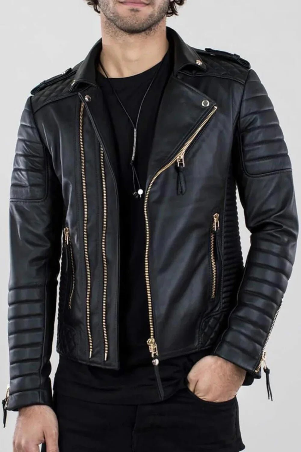 Ezra Black Quilted Leather Biker Jacket