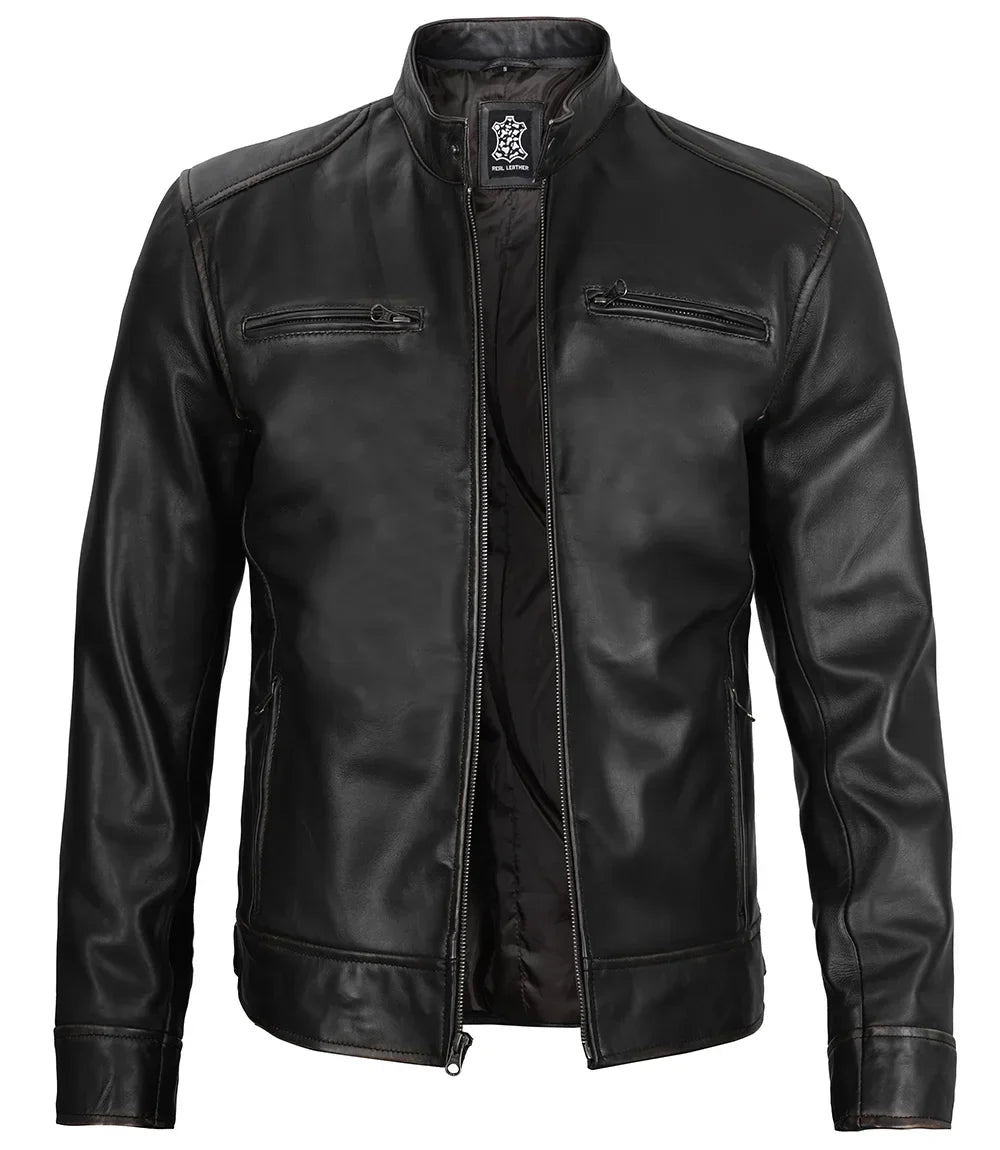Dodge Tall Men's Black Cafe Racer Style Leather Jacket