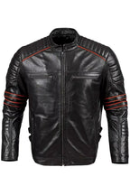 Leor Black Leather With Red Stripes Biker Jacket