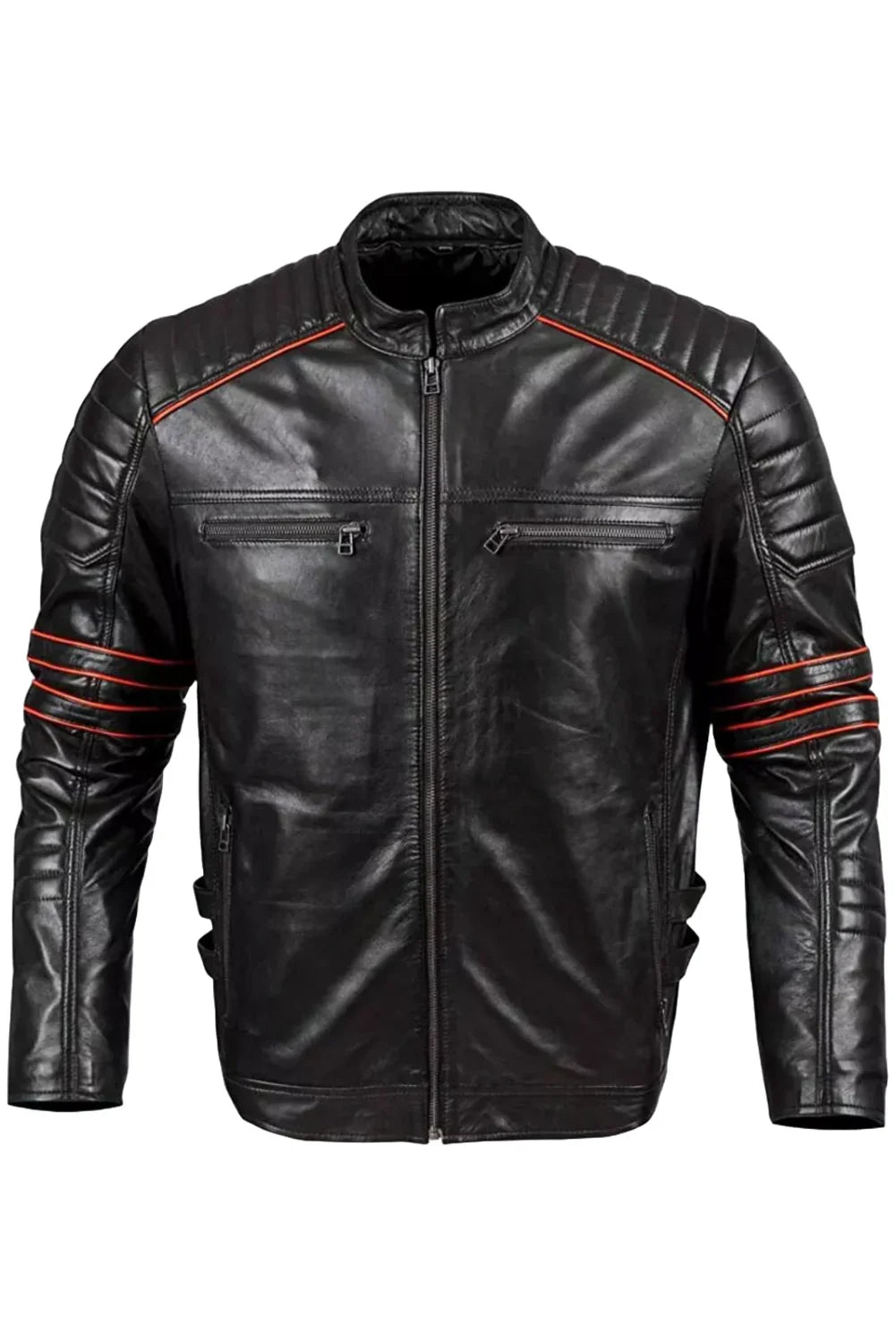Leor Black Leather With Red Stripes Biker Jacket