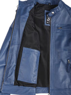 Women Blue Diamond Cafe Racer Real Leather Jacket