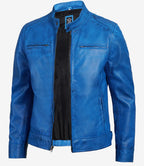 Dodge Men's Cafe Racer Style Blue Leather Jacket