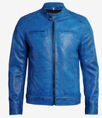 Dodge Men's Cafe Racer Style Blue Leather Jacket