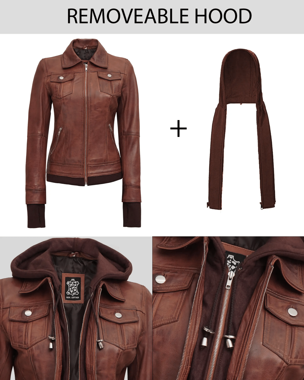Women's Dark Brown Bomber Leather Jacket with Removable Hood