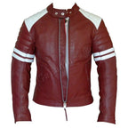 Brad Pitt Red and White Fight Club Cowhide Biker Leather Jacket