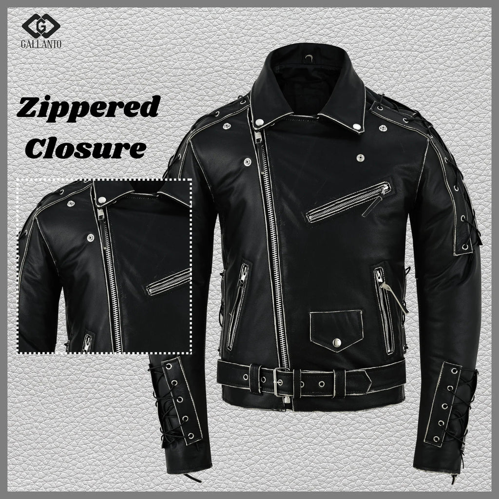 Brando Style Antique Rub Off Lace Leather Jacket - Classic Black Cowhide Biker Jacket