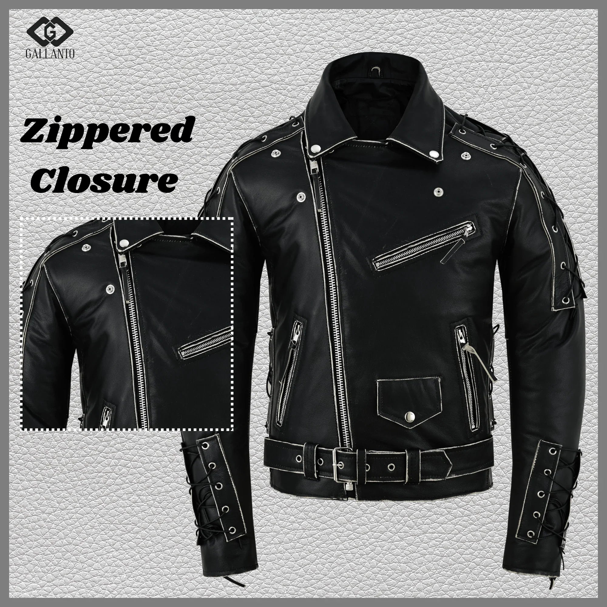 Brando Style Antique Rub Off Lace Leather Jacket - Classic Black Cowhide Biker Jacket