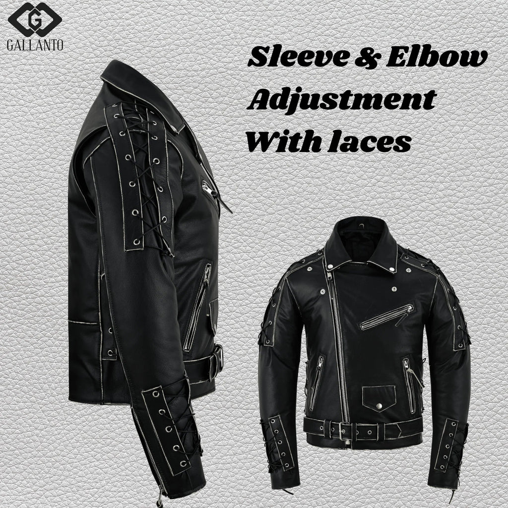 Brando Style Antique Rub Off Lace Leather Jacket - Classic Black Cowhide Biker Jacket