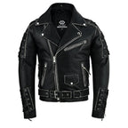 Brando Style Antique Rub Off Lace Leather Jacket - Classic Black Cowhide Biker Jacket
