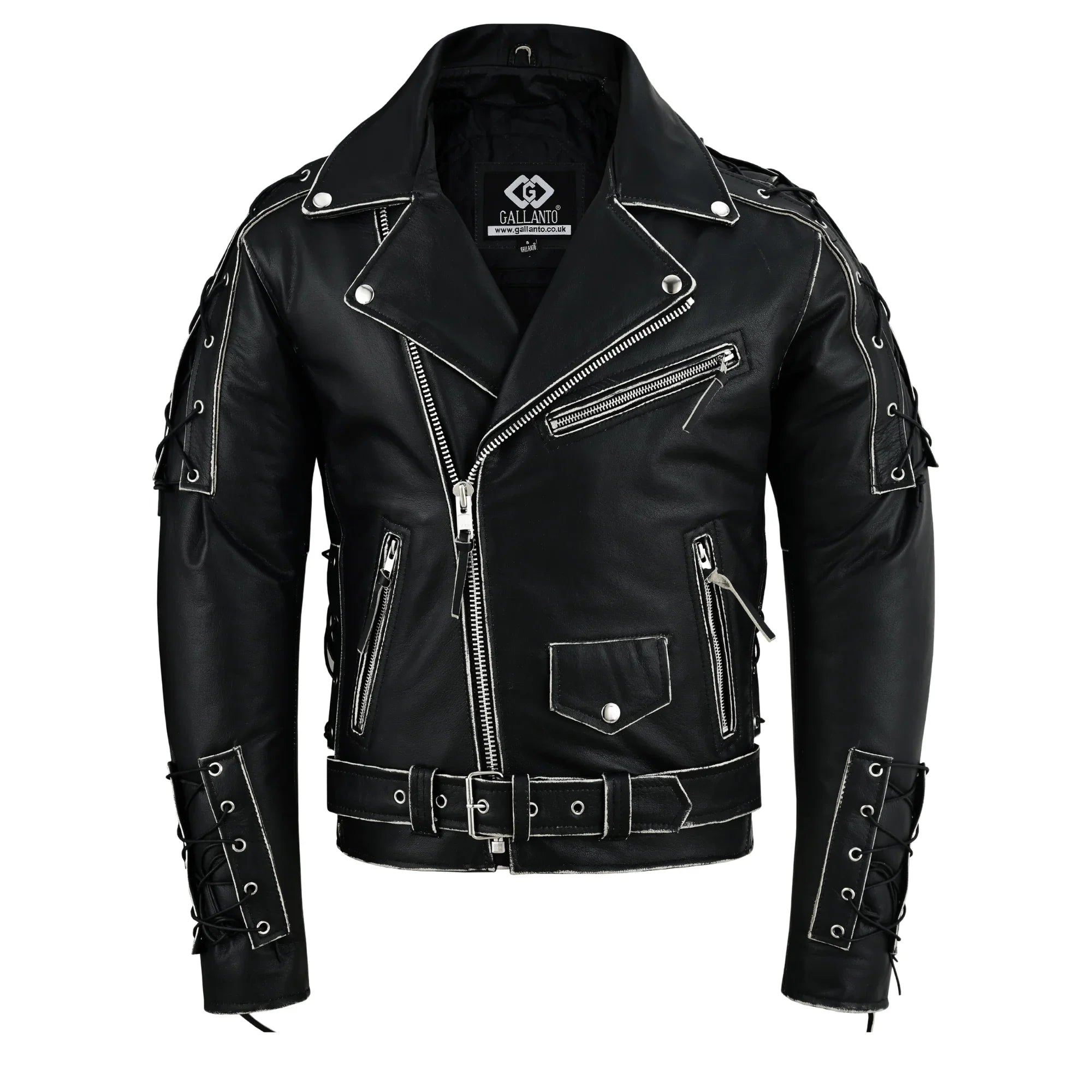 Brando Style Antique Rub Off Lace Leather Jacket - Classic Black Cowhide Biker Jacket