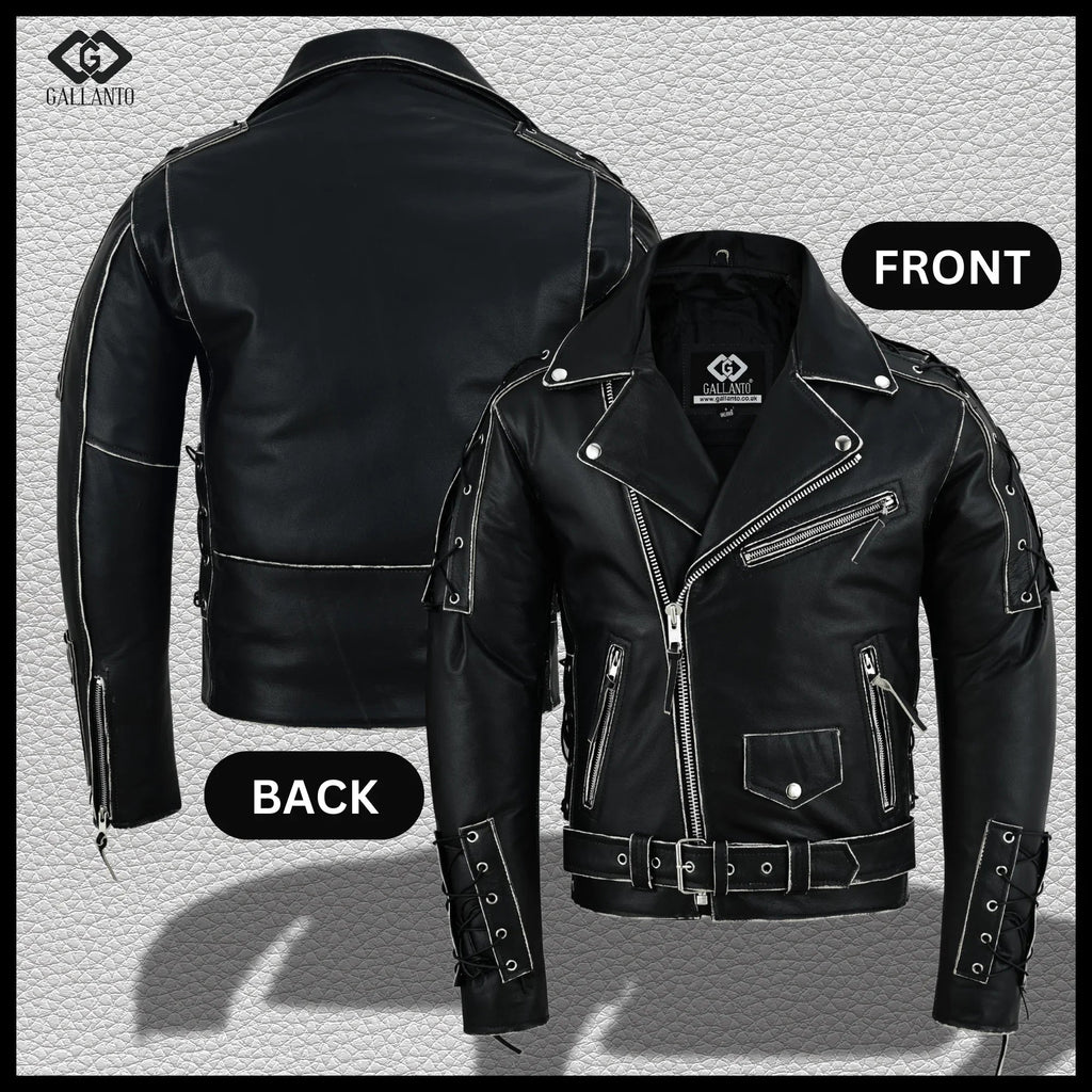 Brando Style Antique Rub Off Lace Leather Jacket - Classic Black Cowhide Biker Jacket