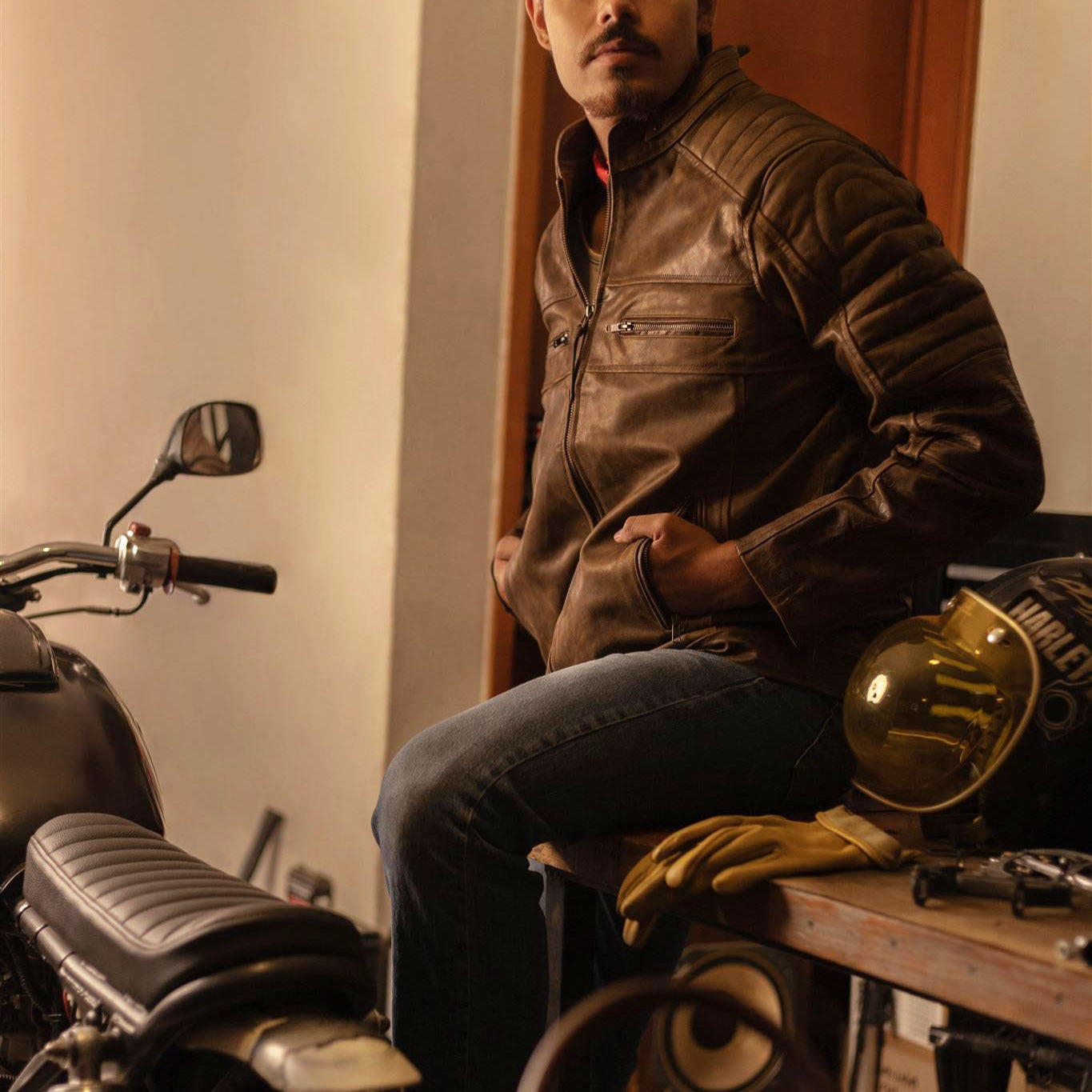 Cafe Racer Leather Jacket | Distressed Brown