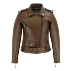 Brown Classic Womens Brando Motorcycle Leather Jacket Ladies Biker Cowhide