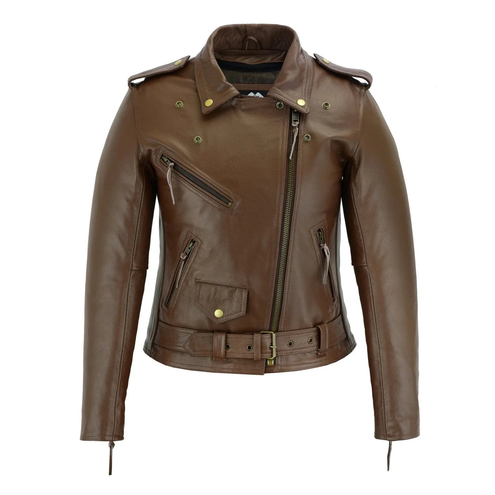 Brown Classic Womens Brando Motorcycle Leather Jacket Ladies Biker Cowhide