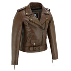 Brown Classic Womens Brando Motorcycle Leather Jacket Ladies Biker Cowhide