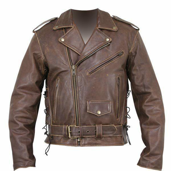 Brown Distressed Leather Motorcycle Armoured Jacket with Embossed Flying Skull