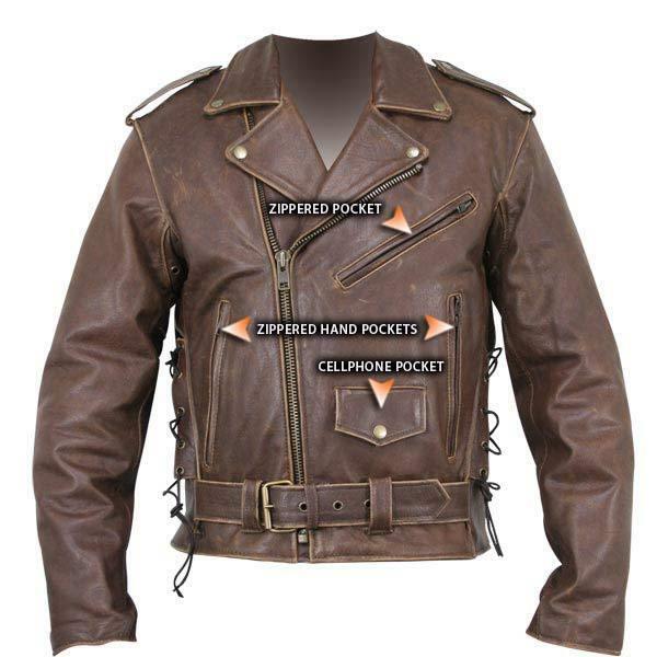 Brown Distressed Leather Motorcycle Armoured Jacket with Embossed Flying Skull