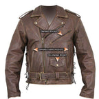 Brown Distressed Leather Motorcycle Armoured Jacket with Embossed Flying Skull