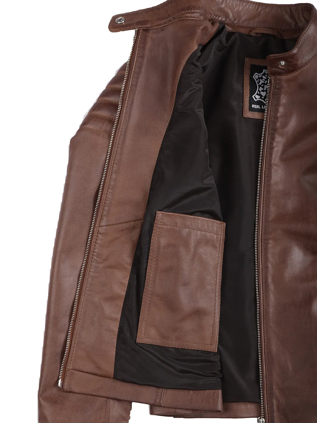 Womens Cognac Brown Cafe Racer Style Leather Jacket - Padded Shoulders