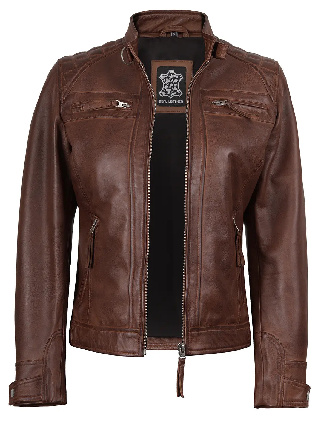Johnson Women's Cognac Brown Cafe Racer Style Leather Jacket