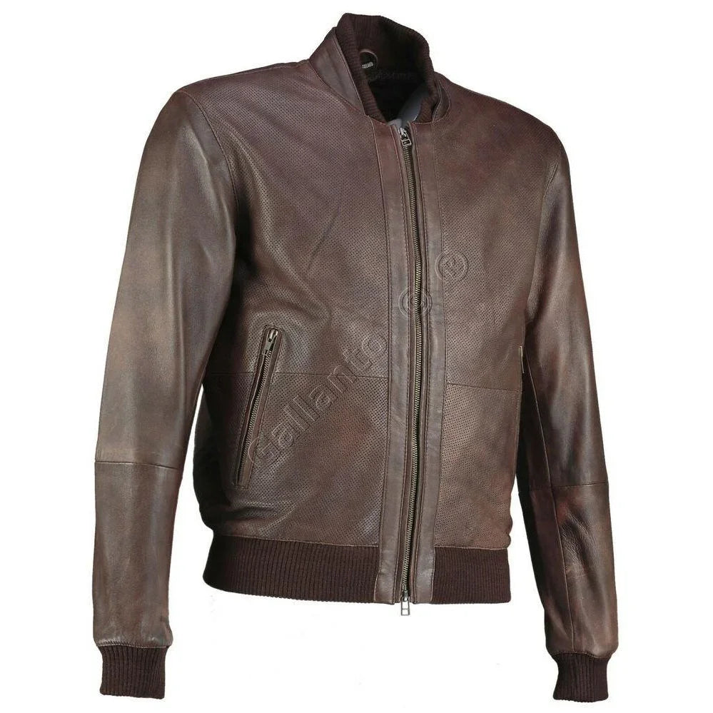 Brown Perforated Bomber Leather Jacket XL